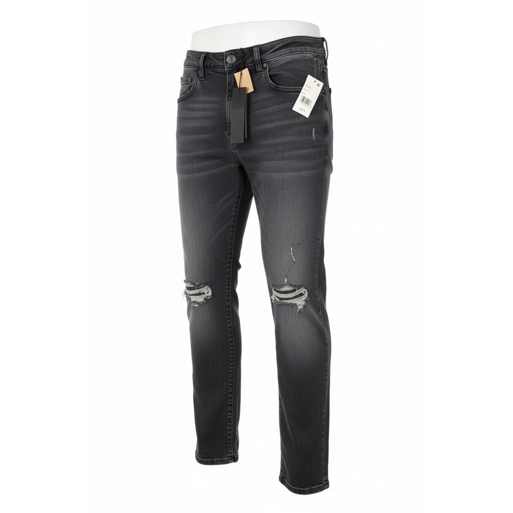 Lazer Mens Slim Fit Distressed Ripped Jeans Faded‎ Black Grey 32x34 NEW